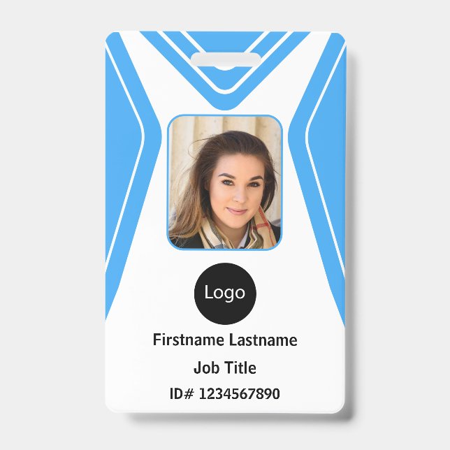 custom blue company employee Photo, Logo, Bar Code ID Badge (Front)