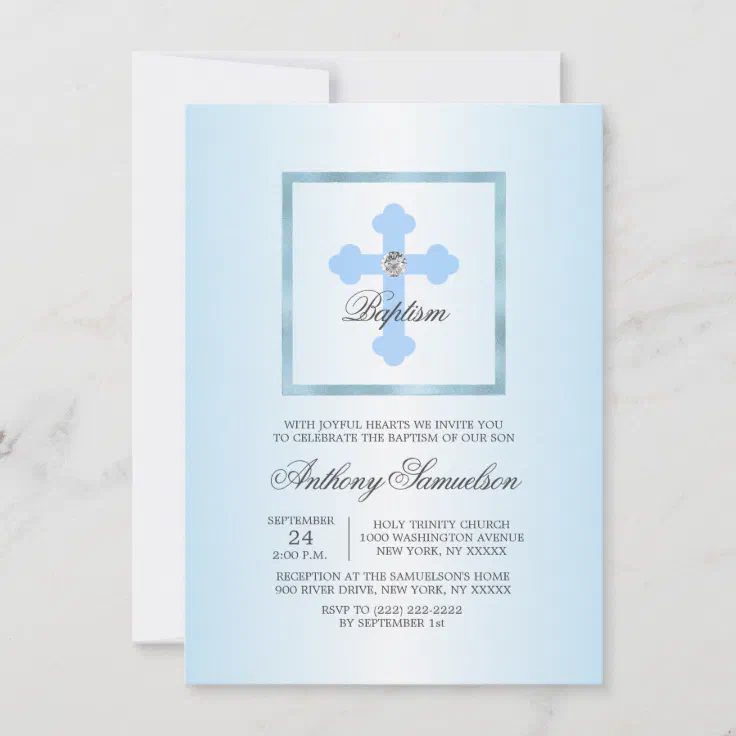 Custom Blue Cross Baptism Christening BOY + POEM Invitation Zazzle