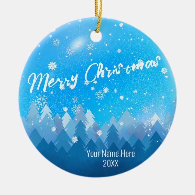 Custom Blue Crystal Snow & Forest Merry Christmas Ceramic Ornament (Front)