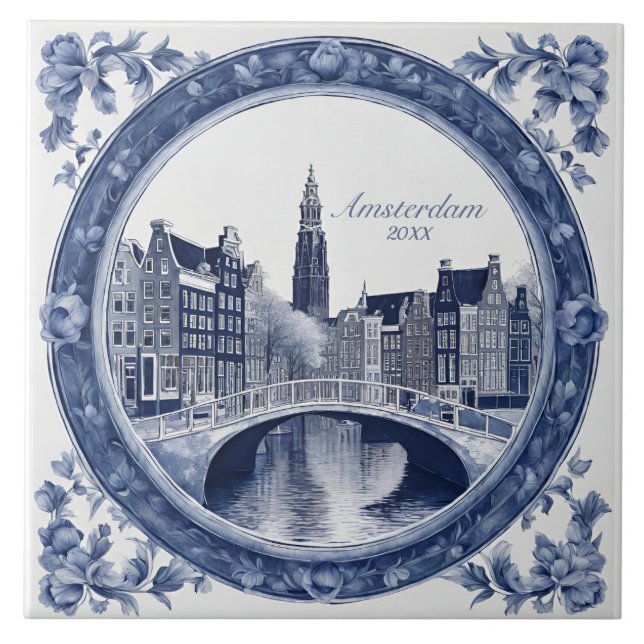 Custom Blue Delft Amsterdam Souvenir Ceramic Tile (Front)