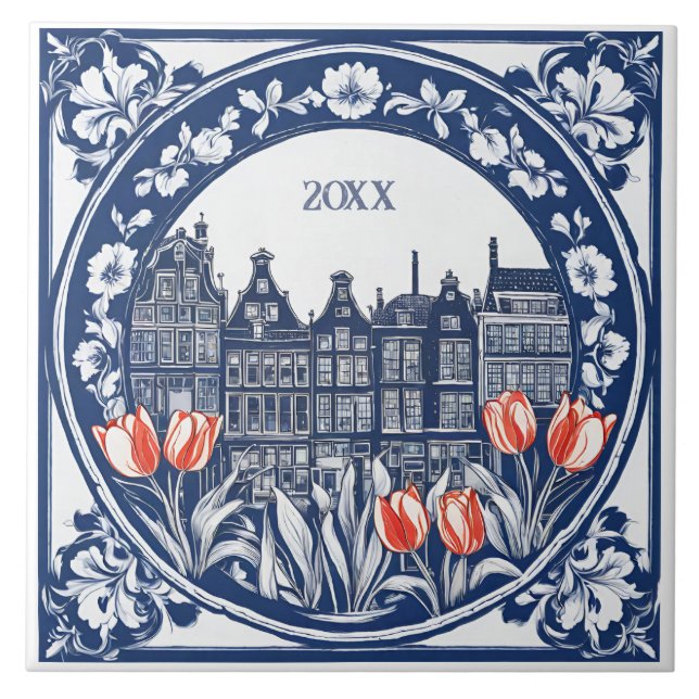 Custom Blue Delft Amsterdam Souvenir Ceramic Tile (Front)