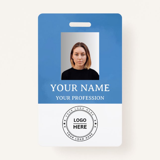Custom Blue Employee Name Badge with Photo,Logo,QR ID Badge (Front)