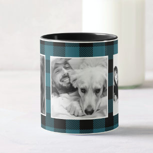 Custom Blue Family Kid Photo Buffalo Plaid Pattern Mug