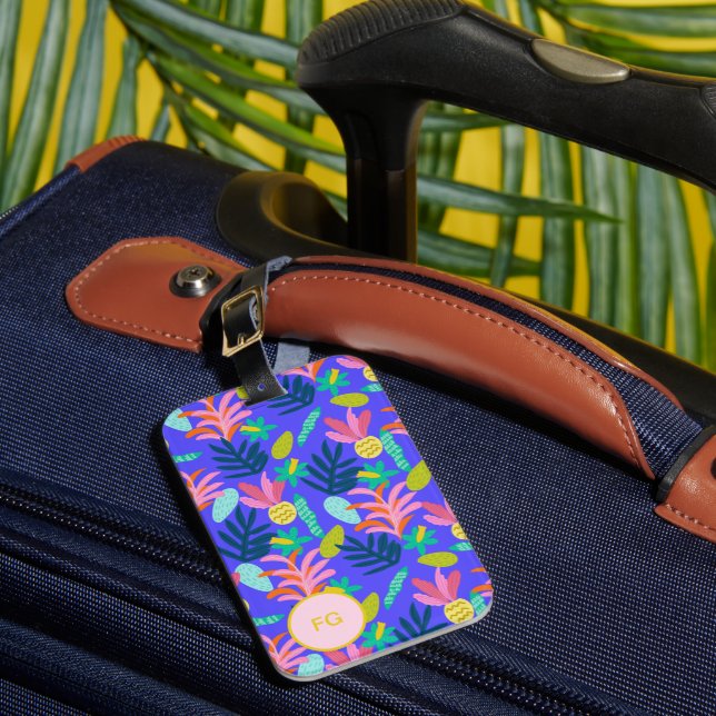 Custom blue floral feminine luggage tag (Front Insitu 1)