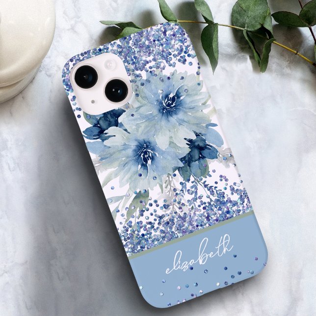 Custom Blue Floral Glitter Personalised Name Case-Mate iPhone Case (Creator Uploaded)