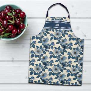 Custom Blue Floral Gold Glitter Japanese Ukiyo-e Apron