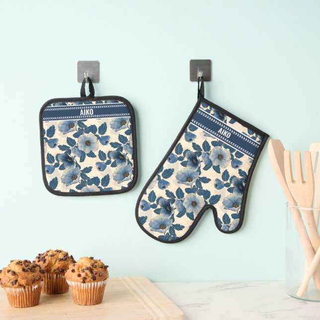 Custom Blue Floral Gold Glitter Japanese Ukiyo-e Oven Mitt & Pot Holder Set (Insitu(Hanging))