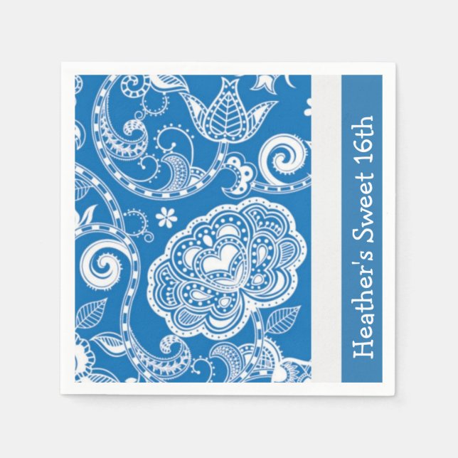 Custom Blue Floral Party Napkins (Front)