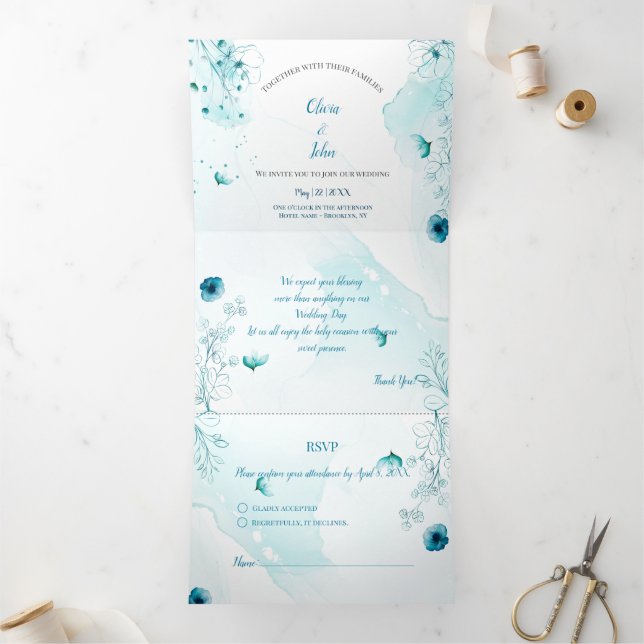 Custom Blue Floral Watercolor Wedding Invitation (Inside)