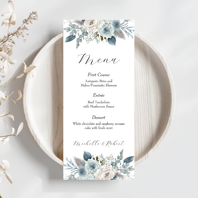 Custom Blue Floral Wedding Menu (4"x9") (Creator Uploaded)