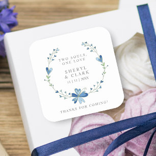 Custom Blue Floral Wreath Wedding Sanitizer Gel Square Sticker