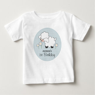 Custom Blue Gingham Lamb Birthday Baby T-Shirt