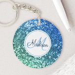 Custom Blue Glitter Mermaid Monogrammed Name Key Ring<br><div class="desc">Easily personalise this beautiful sparkly blue faux glitter keychain with your custom monogram and name.</div>