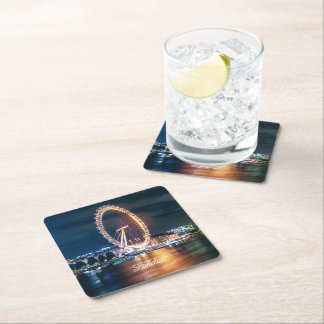 Custom Blue Gold Cityscape Night Travel London Square Paper Coaster
