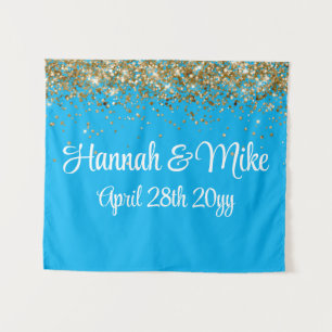 Custom Blue Gold Wedding Backdrop Photo Booth Prop Tapestry