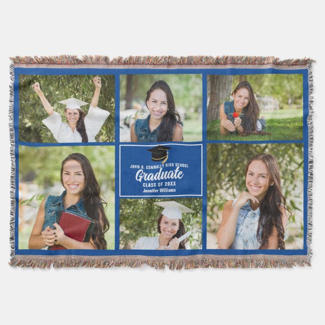 Custom Blue Graduation Photo Collage Keepsake Throw Blanket (Front)
