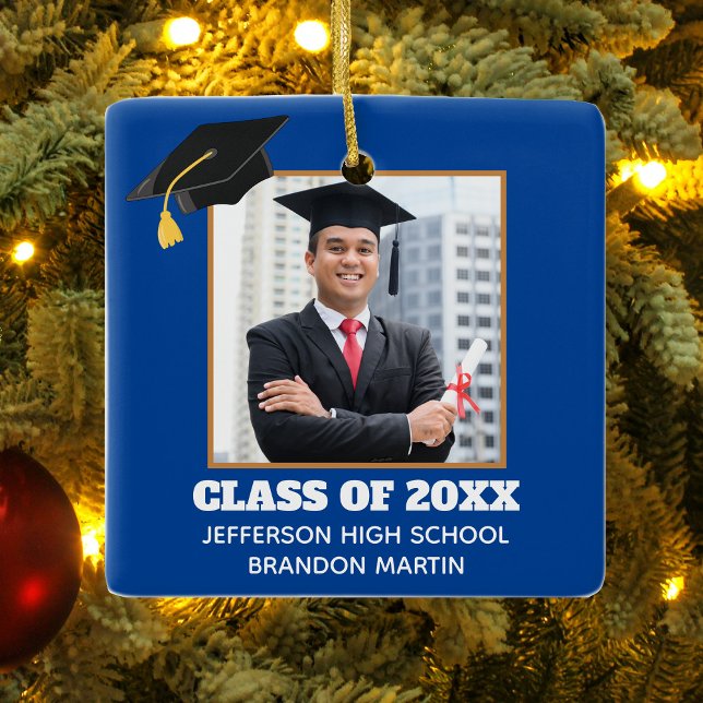 Custom Blue Graduation Senior Portrait Photo 2025 Ceramic Ornament (Creator Uploaded)