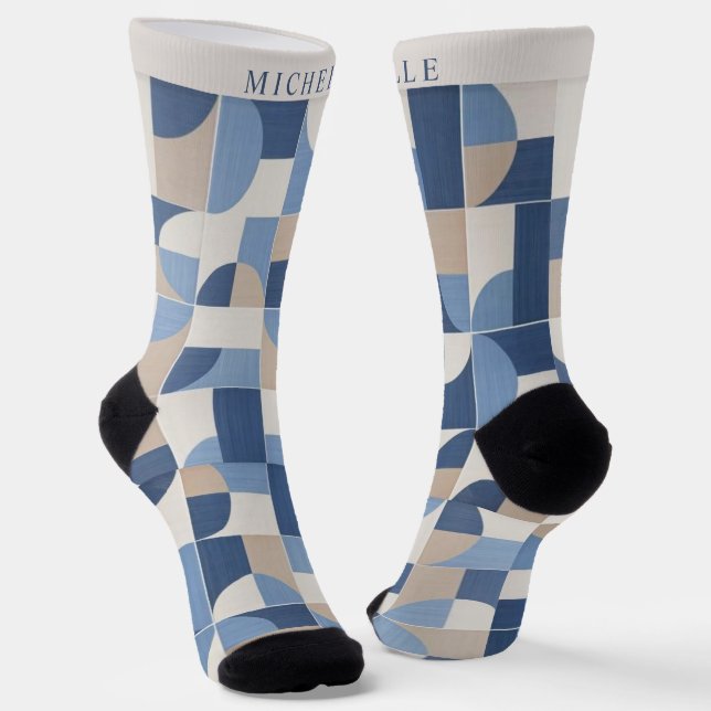 Custom Blue Grey Tan Beige Geometric Pattern Socks (Angled)