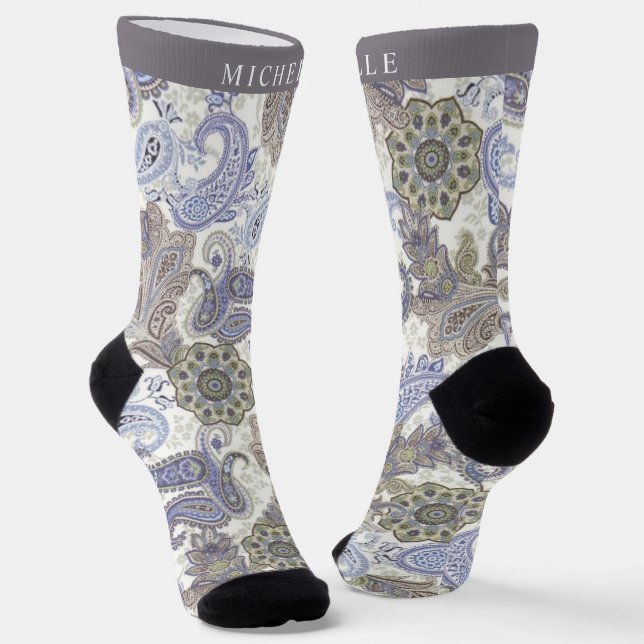 Custom Blue Grey White Paisley Pattern Socks (Angled)