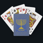 Custom Blue Hanukkah MENORAH Playing Cards<br><div class="desc">Elegant mid blue MENORAH playing cards, showing with faux gold menorah in a tiled pattern. At the centre, there is an image of a large menorah which is CUSTOMIZABLE, so you can upload your own image. Underneath, the text reads CHAG SAMEACH. This is also customisable so you can add your...</div>