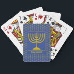 Custom Blue Hanukkah MENORAH Playing Cards<br><div class="desc">Elegant mid blue MENORAH playing cards, showing with faux gold menorah in a tiled pattern. At the centre, there is an image of a large menorah which is CUSTOMIZABLE, so you can upload your own image. Underneath, the text reads CHAG SAMEACH. This is also customisable so you can add your...</div>