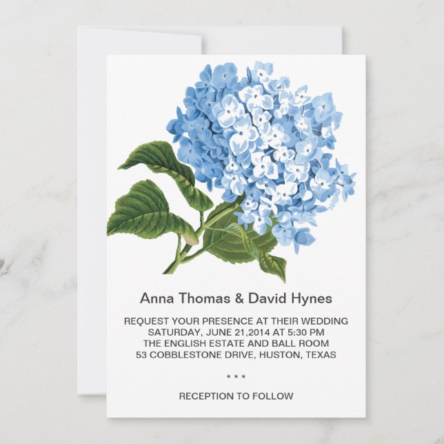 CUSTOM BLUE HYDRANGEA PERSONALIZED WEDDING INVITATION (Front)