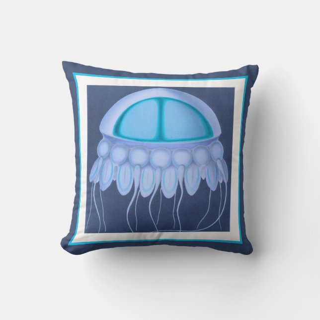 Custom Blue Jellyfish modern coastal navy teal Cushion (Front)