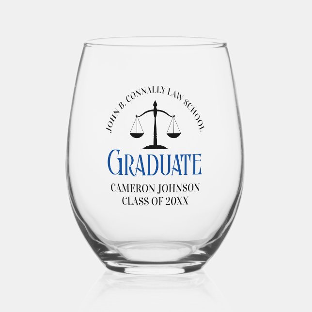 Custom Blue Law School Graduation Party Stemless Wine Glass (Front)