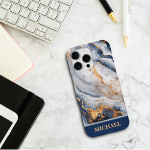 Custom Blue Marble With Gold Accents Personalized iPhone 16 Pro Max Case