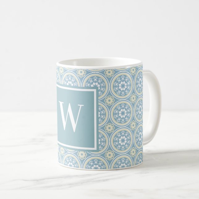 Custom Blue Medallion Monogrammed Coffee Mug (Front Right)