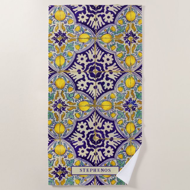 Custom Blue Mediterranean Pattern Yellow Blossoms Beach Towel (Front)