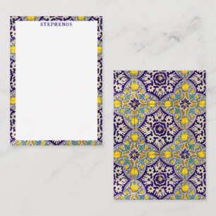 Custom Blue Mediterranean Pattern Yellow Blossoms Card