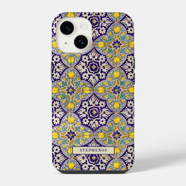 Custom Blue Mediterranean Pattern Yellow Blossoms iPhone Case (Back)