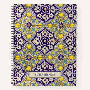 Custom Blue Mediterranean Pattern Yellow Blossoms Notebook