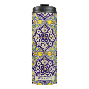Custom Blue Mediterranean Pattern Yellow Blossoms Thermal Tumbler