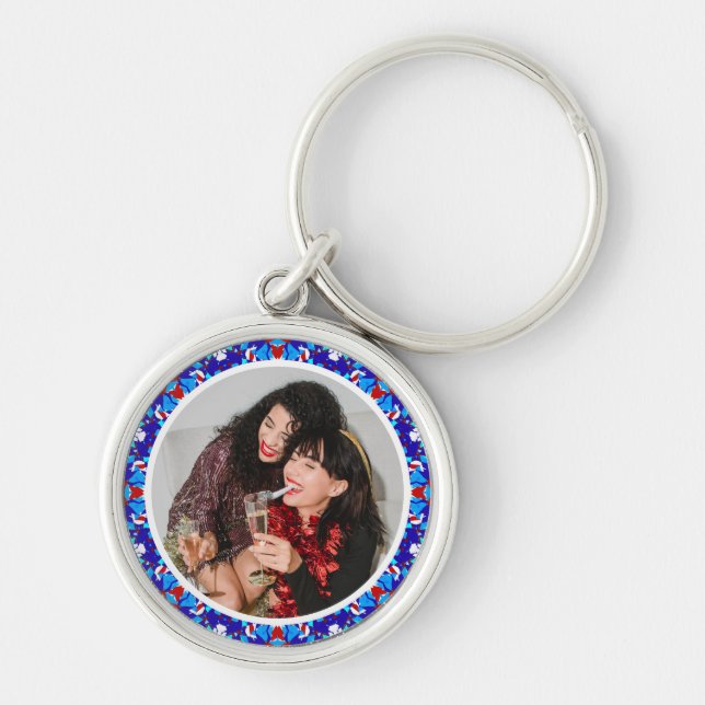 Custom Blue Merry Christmas Happy Winter Photo Key Ring (Front)