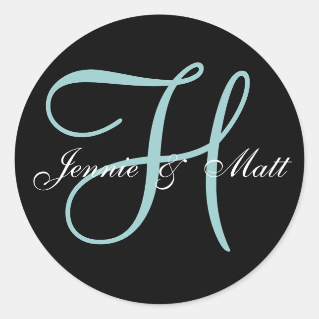Custom Blue Monogram Bride Groom Names Classic Round Sticker (Front)