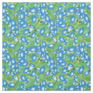 Custom Blue Morning Glory Pattern on Golden Yellow Fabric