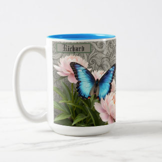 Custom Blue Morpho Butterfly Floral Artistic Name Two-Tone Coffee Mug