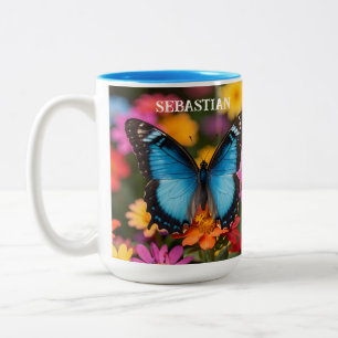 Custom Blue Morpho Butterfly Floral Botanical Two-Tone Coffee Mug