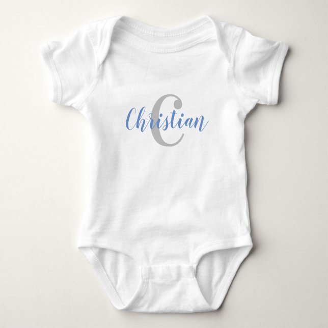 Custom Blue Name and Grey Initial Baby T-Shirt Baby Bodysuit (Front)
