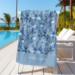 Custom Blue Ocean Sea Life Beach Towel<br><div class="desc">Make this underwater ocean themed beach towel uniquely yours with the easy to use text template. The coastal pattern in classic shades of blue features a variety of sea creatures such as sea horses,  jellyfish,  coral,  starfish,  seaweed,  and shells.</div>