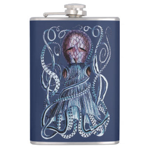Custom Blue Octopus modern coastal navy purple Hip Flask