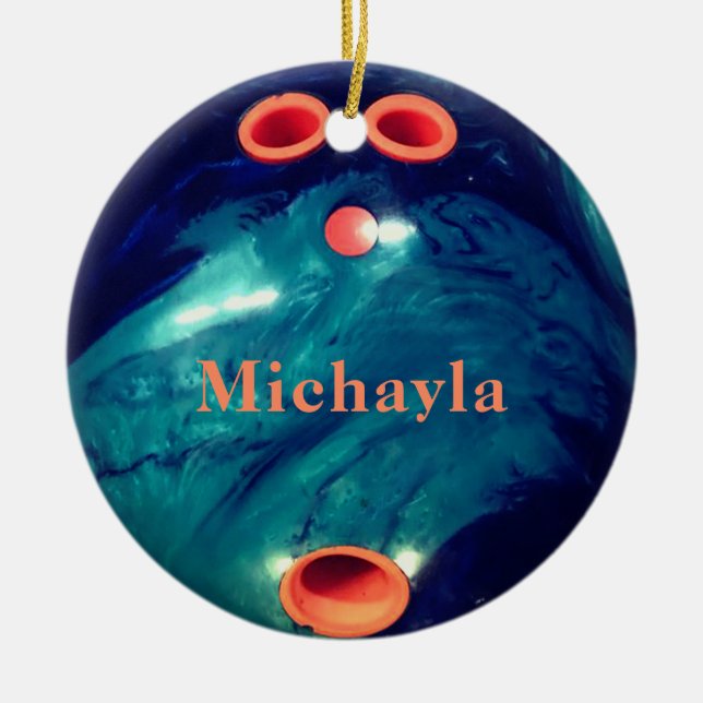 Custom Blue Orange Bowling Ball Christmas Ceramic Ornament (Front)
