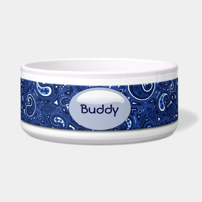 Custom Blue Paisley Dog Bowl (Front)