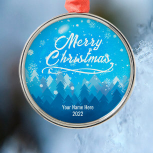 Custom Blue Peaceful Snow Forest Merry Christmas Metal Ornament