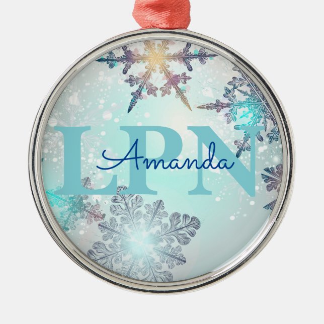 Custom Blue Personalized Name LPN  Metal Ornament (Front)