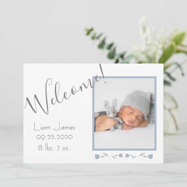 Custom Blue Photo Baby Boy Welcome Birth Announcement (Standing Front)
