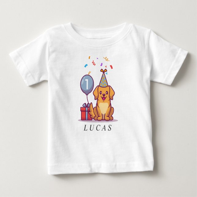 Custom blue puppy tee for 1st birthday boy (Front)