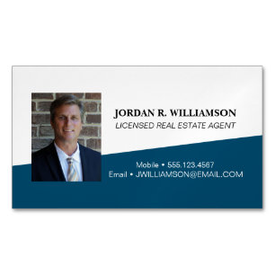 Custom Blue Real estate agent contact info Photo Magnetic Business Card